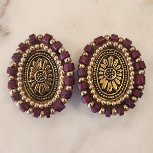 Vintage Oval Clip On Earrings Gold Tone Purple Beaded Floral Boho Statement